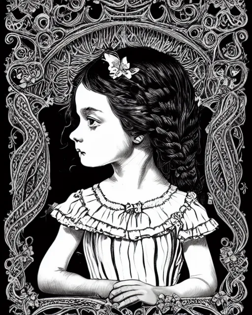 Image similar to little victorian girl, black ink on paper, trending on artstation, beautiful, intricate, detailed