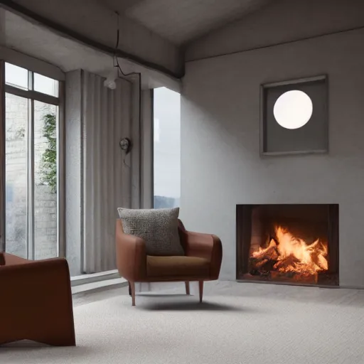 Image similar to two armchairs sitting in front of a cosy fireplace, modern home design interior, octane render, hyperrealistic, concrete archetecture, vray, volumetric lighting, cinema 4 d, unreal engine