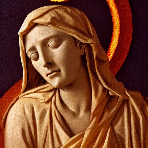 Image similar to digital photo of pieta face closeup as sunset cloud by