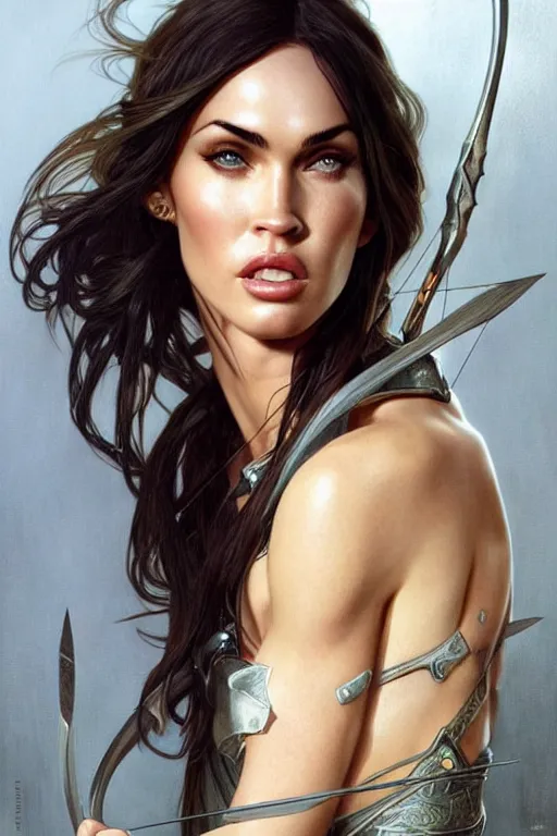 Image similar to portrait of megan fox as an elven archer, dark, piercing eyes, gentle expression, elegant clothing, photorealistic, highly detailed, artstation, smooth, sharp focus, art by michael whelan, artgerm, greg rutkowski and alphonse mucha