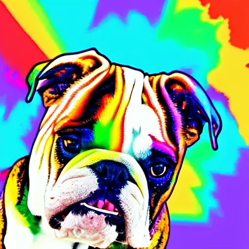 Image similar to rainbow excited smiling bulldog puppy. pop art.