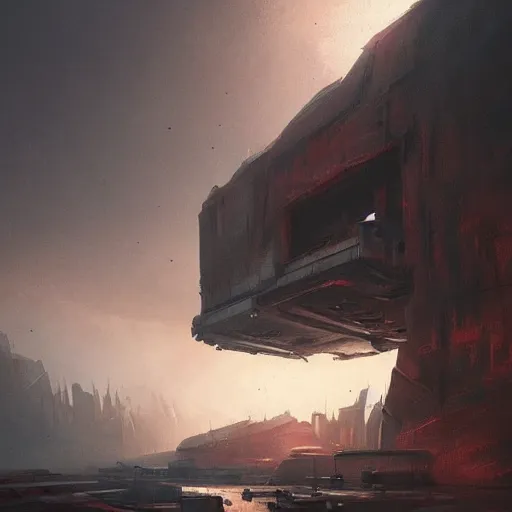 Image similar to concept art by greg rutkowski, desolate space colony exterior, megalithic brutalist buildings, harsh environment, reddish lighting, depressing atmosphere, scifi, digital painting, artstation, concept art, smooth, sharp foccus ilustration, artstation hq