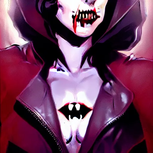 Prompt: rafael albuquerque comic art, peter mohrbacher, steve niles, artgerm, pretty scarlett johansson vampire sharp vampire teeth open mouth, symmetrical eyes, black leather jacket, jeans, long blonde hair