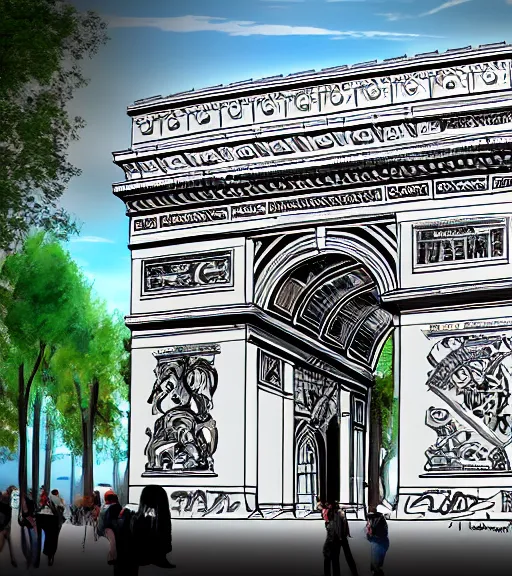 Prompt: virtual arc de triomphe full of graffiti