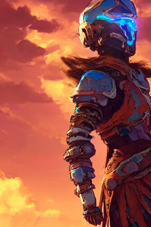 Image similar to combination suit armor aloy horizon forbidden west horizon zero dawn radiating a glowing aura global illumination ray tracing hdr fanart arstation by ian pesty and alena aenami artworks in 4 k tribal robot ninja mask helmet backpack