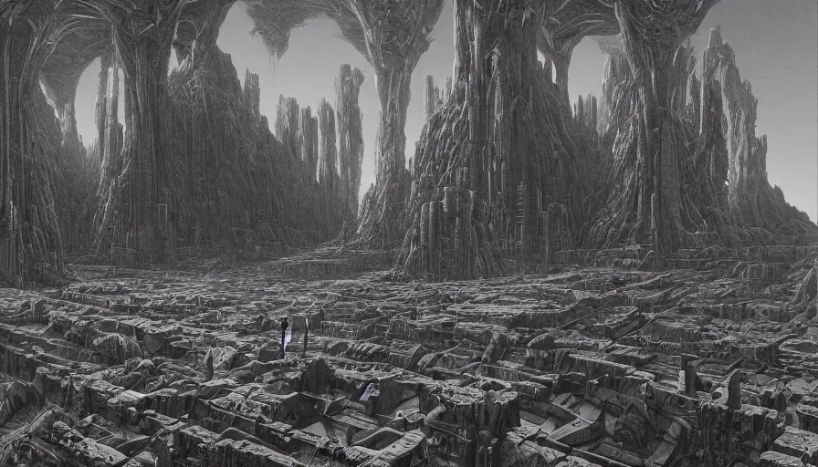 Prompt: the depths of a vast artificial world with massive towering pillars holding the ceiling of the landscape up, detailed, extreme depth, wayne barlowe and escher collab, godrays, ambient machine automations of brutalist design visible in the foreground