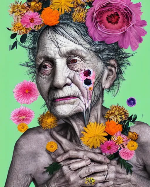 Image similar to a portrait of a beautiful fleshy old woman who is surprised she is still alive, covered in flowers in the style of guiseppe arcimboldo and james jean, covered in wispy gray hair with a hint of neon, mixed media, decollage, hd 3 d, 8 k