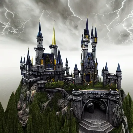 Image similar to A extremely highly detailed majestic hi-res beautiful, highly detailed mysterious pure all white brick immaculate disney hogwarts castle in black scary storm clouds high detail,ethereal, dramatic lightning, rim light, hyperrealistic, photorealistic, octante render, elegant, cinematic, high textures, hyper sharp, 8k, insanely detailed and intricate, graphic design, cinematic atmosphere, hypermaximalist, hyper realistic, super detailed, 4k HDR hyper realistic by Beeple, by Makoto Shinkai, syd meade, starwars, space art concept, digital art, unreal engine, WLOP, trending on artstation, 4K UHD image, octane render, artstation