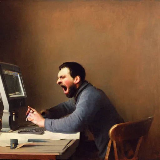 Image similar to an angry man yells at his computer monitor, oil on canvas, 1 8 8 3, highly detailed