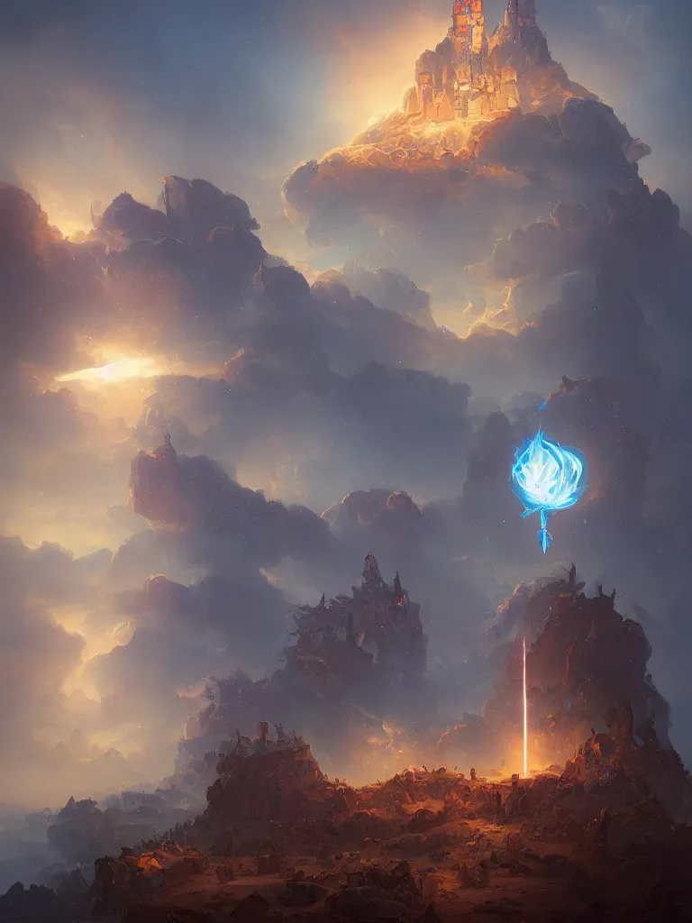 Prompt: a blue fireball hovering over an epic fantasy tower in a dune sea filled with ruins by Peter Mohrbacher, moody lighting, rocky cliffs, tarot card