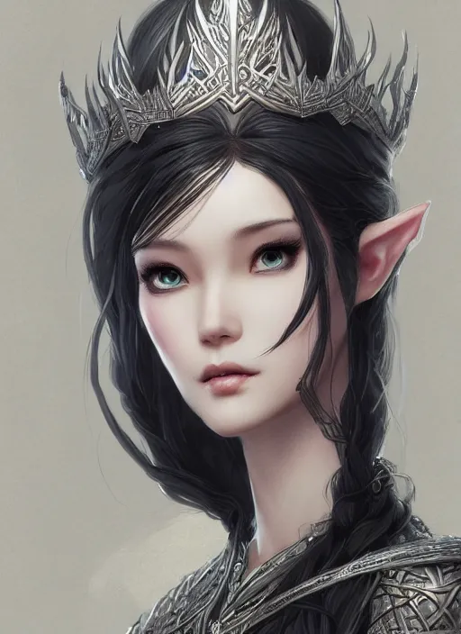 Prompt: Beautiful elven queen with black hair and silver crown in intricate black dress. Haughty look. In style of Hyung-tae Kim, Greg Rutkowski and Larry Elmore, concept art, trending on ArtStation, Korean MMORPG, over-detailed art, 8K, epic, dynamic lightning, scenery.