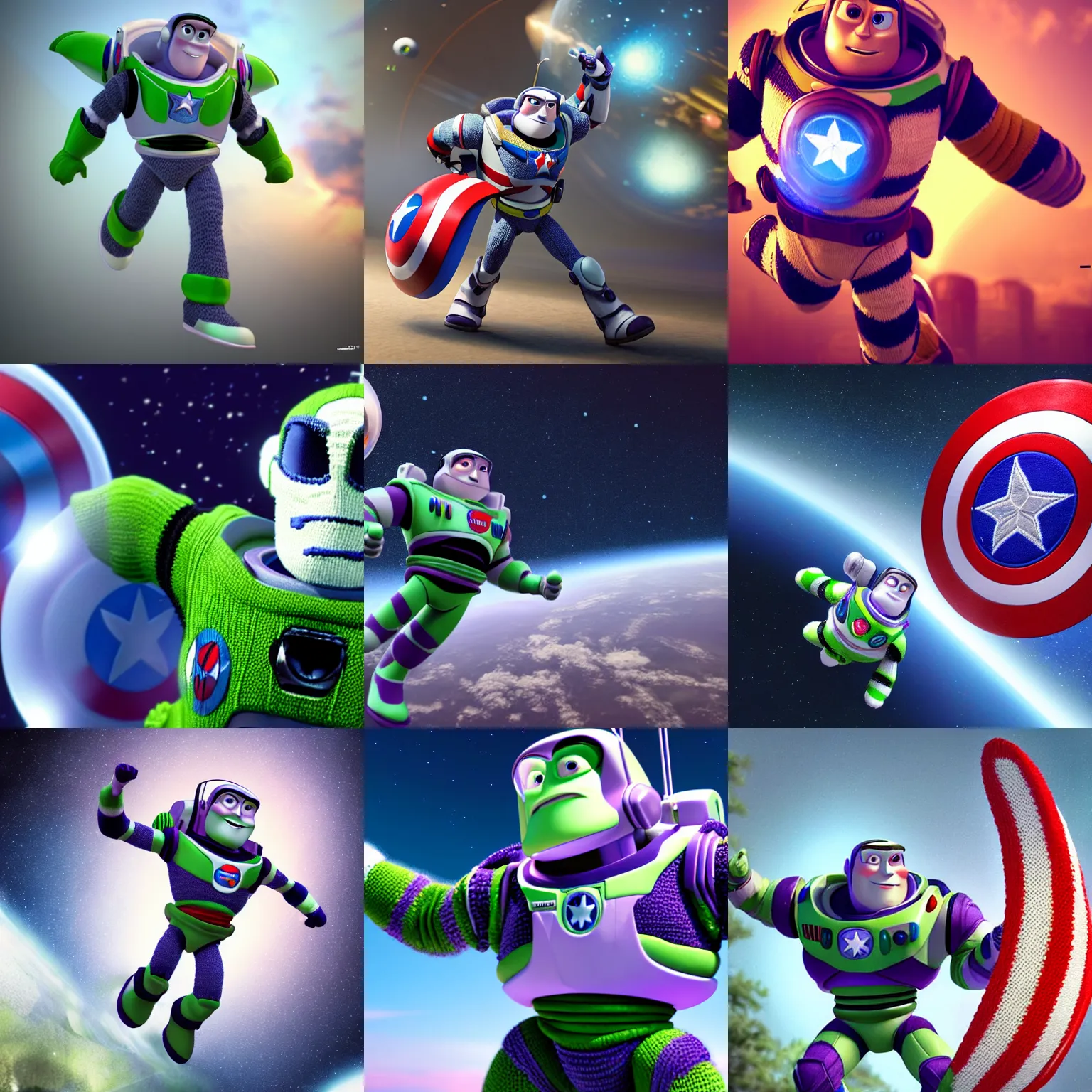 Prompt: a photorealistic photograph of a knitted Buzz Lightyear with Captain America shield flying through outer space Trending on Artstation, featured on Behance, well-rendered, Unreal Engine, 4K HD