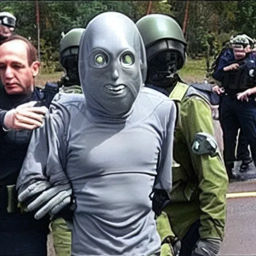 Image similar to extraterrestrial zeta reticulan grey alien, being arrested by spetsnaz