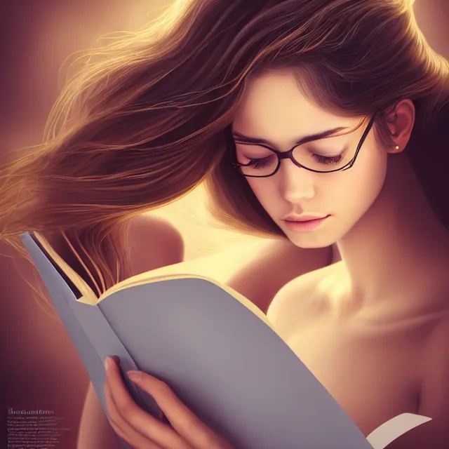 Image similar to beautiful girl reading a book, her hair flowing down, highly detailed, 4 k, hdr, smooth, sharp focus, high resolution, award - winning photo, artgerm, photorealistic