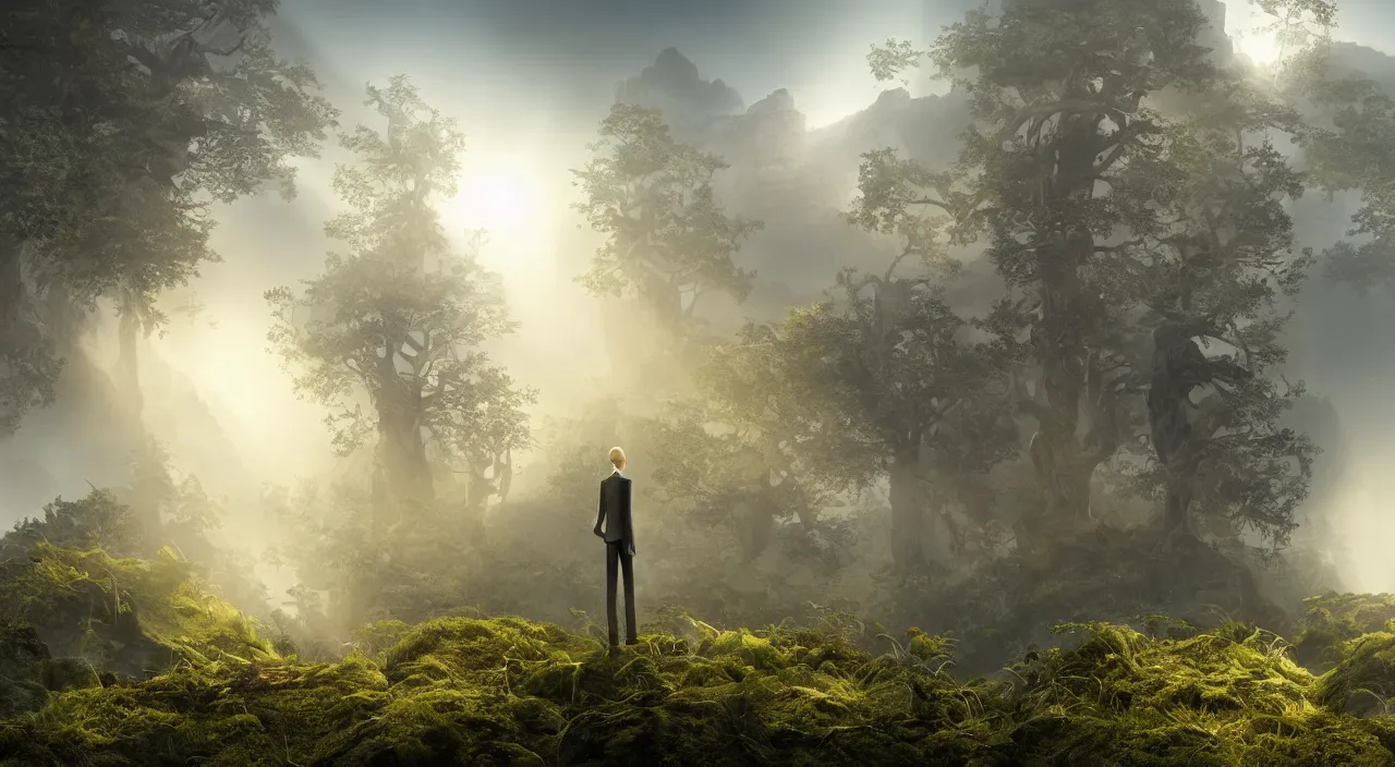 Image similar to photorealistic matte painting of mr burns standing far in misty overgrowth undergrowth jagged rock features volumetric fog light rays high contrast dawn