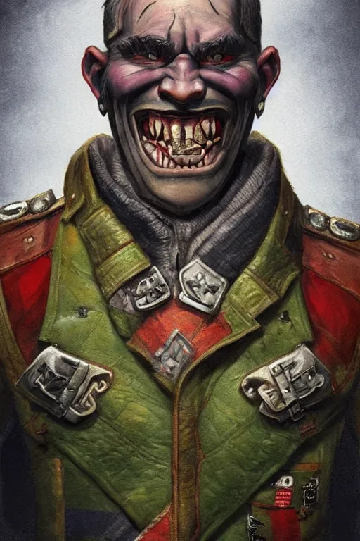 Image similar to 1 9 th century style portrait of a half orc with a bemused fanged smile on his face. dressed in a patchwork military uniform jacket with cut sleeves, runic arm tattoos, sharp focus, illustration, digital painting, art by magali villeneuve