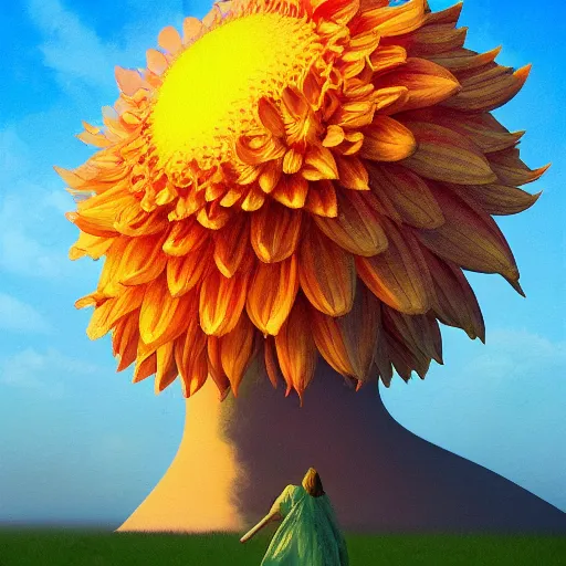 Image similar to closeup giant dahlia flower floating head, a girl walking between dunes, surreal photography, sunrise, blue sky, dramatic light, impressionist painting, digital painting, artstation, simon stalenhag