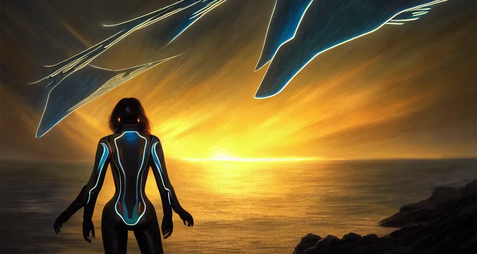 Image similar to tron legacy wings in front mind bending sunset, cliffside ocean scene, backlit, aesthetic, elegant, diffuse lighting, hyper realistic, elegant, intricate, hyper detailed, smooth, sharp focus, concept art, illustration, trending on artstation, art by artem demura, greg rutkowski, james gurney, and alphonse mucha