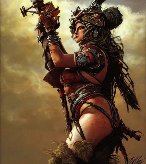 Image similar to mighty princess of the wasteland, scrap metal headdress, strong line, deep color, cloudy sky, beautiful! coherent! by brom, by frank frazetta, low angle