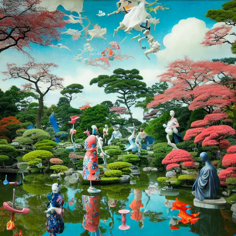 Prompt: vibrant japanese garden by hieronymus bosch and james jean, ross tran, porcelain japanese mannequins, sky by damien hirst, very cohesive, serenity, hypermaximalist, 8 k, surreal oil painting, highly detailed, dream like, masterpiece