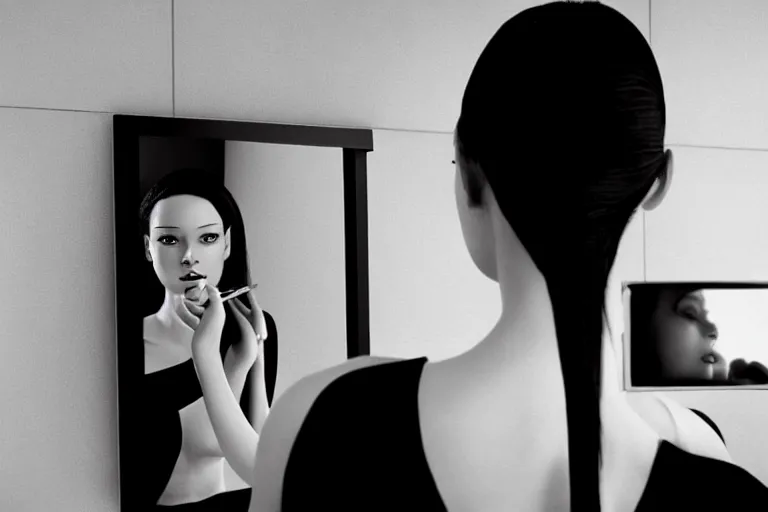 Prompt: beautiful female android, putting on makeup in front of a bathroom mirror, cinematic, black and white movie, still photo. by james jean and moebius