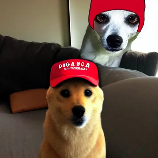 Image similar to doge wearing a make america great again cap