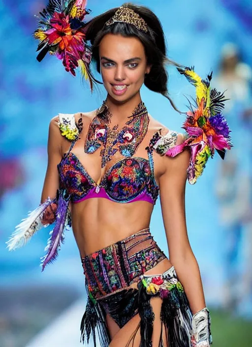 Prompt: beautiful RUNWAY portrait of Irina Shayk wearing fantastic bra and dress in VICTORIA'S SECRET fashion show,embellished beaded feather decorative fringe knots ,colorful pigtail,subtropical flowers and plants,symmetrical face,intricate,elegant,highly detailed,8k,post-processing,digital painting,trending on pinterest,harper's bazaar,concept art, sharp focus, illustration, by artgerm,Tom Bagshaw,Lawrence Alma-Tadema,greg rutkowski