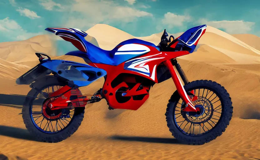 Image similar to prototype, futuristic dakar motorbike, dakar race, wipeout fusion style, sand in background, symmetrical mechanical features, off - road tires, designed by professional, smooth curvatures, brushed red and blue paint, hard surfaces modelling, dramatic lighting, hyper realistic rendering, depth of field, bokeh effect, 4 k