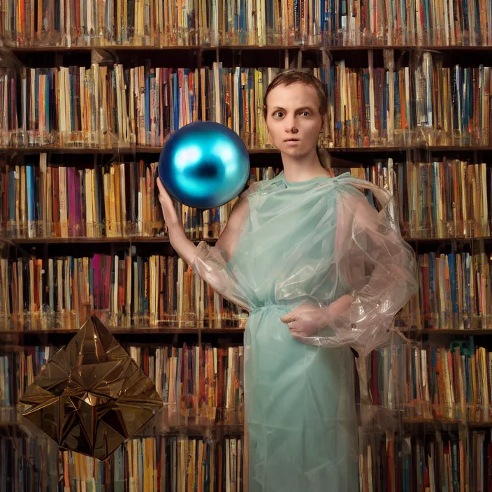 Prompt: a color photograph, closeup portrait of a woman wrapped in plastic, standing next to a bismuth orb, in a library, color photograph, by vincent desiderio, canon eos c 3 0 0, ƒ 1. 8, 3 5 mm, 8 k, medium - format print