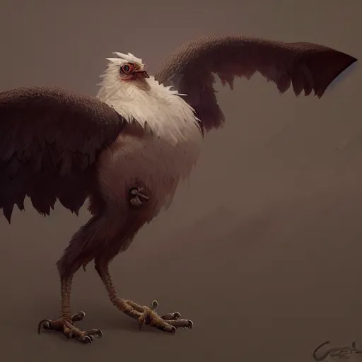 Prompt: digital painting of an elegant but deadly chicogriff, griffin chicogriff hybrid monster, by Greg Rutkowski, trending on artstation, 4k resolution