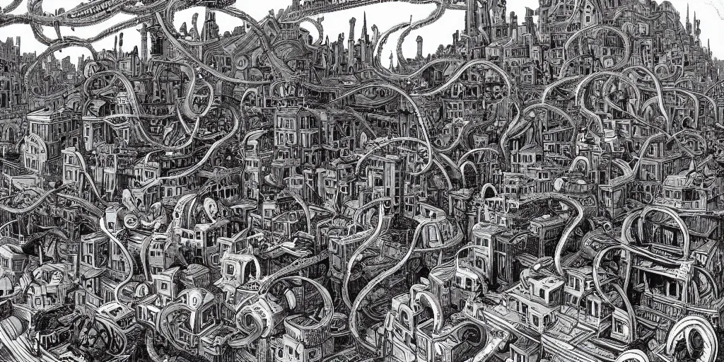 Prompt: Traction city from Mortal Engines firing MEDUSA. Illustration by Chris Riddell