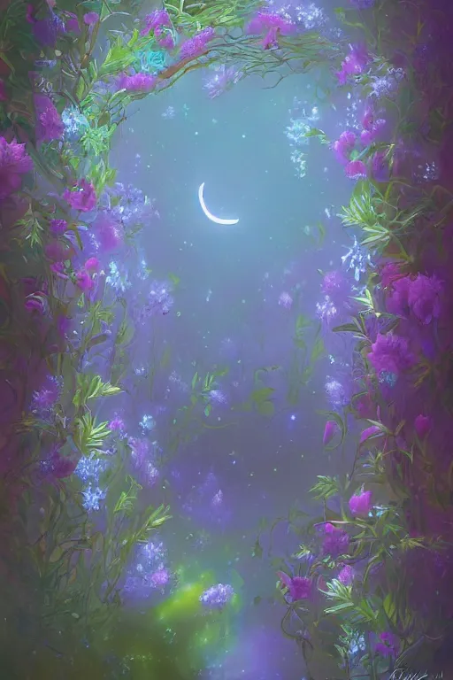 Prompt: beautiful digital matter cinematic painting of whimsical botanical illustration blue flowers moon and mist enchanted dark background, whimsical scene by greg rutkowki artstation