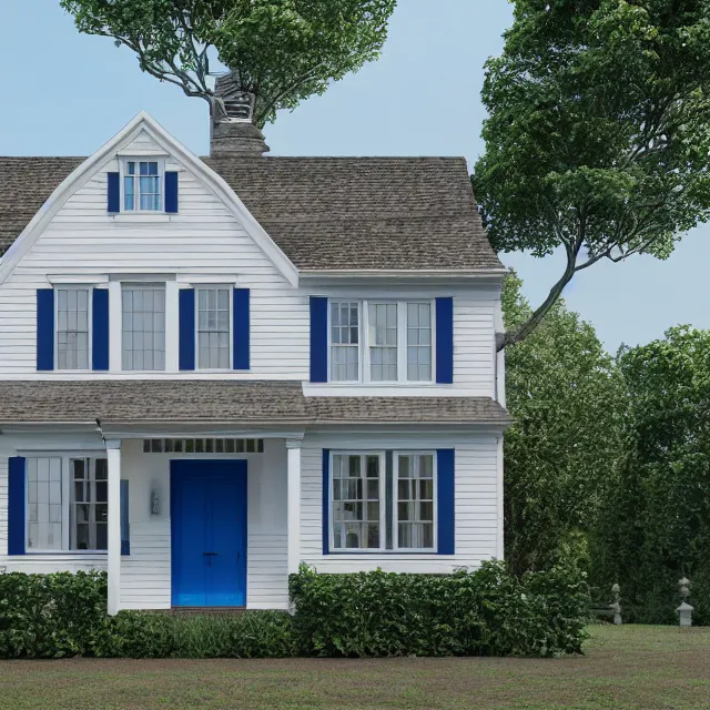 Prompt: modern new england colonial house with a round blue door, brick cape house, realistic, unreal engine render, octane render, hyper realistic, photo, 8 k