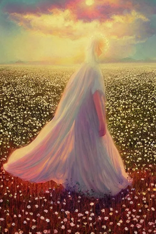 Image similar to giant white daisy flower on head, veiled girl walking in a flower field, surreal photography, sunrise, dramatic light, impressionist painting, colorful clouds, digital painting, artstation, simon stalenhag