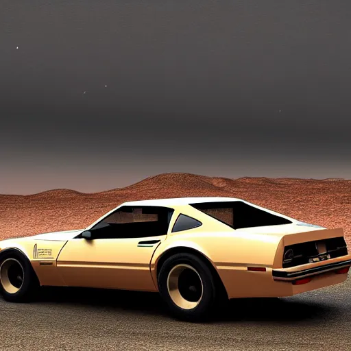 Image similar to hyperdetailed, photorealistic photograph of a 1 9 8 2 pontiac firebird trans - am driving in the desert, rain, night, dense fog, hd, unreal engine 5 by greg rutowski, by stanley artgerm, by alphonse mucha