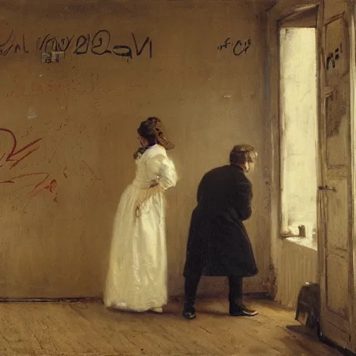 Image similar to a young man and a young woman solving an escape room puzzle, mysterious markings on the wall, by alfred stevens