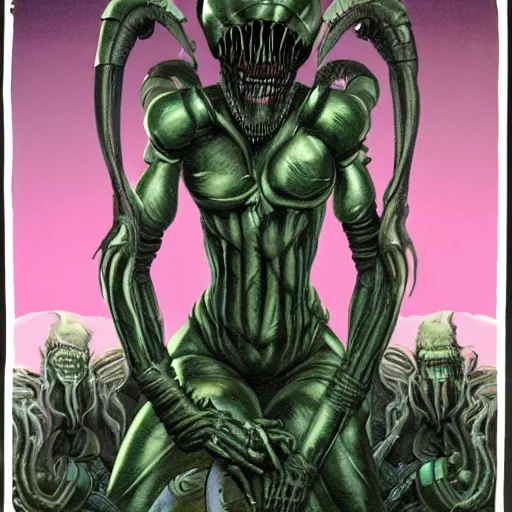 Prompt: xenomorph queen surrounded by eggs, dark emerald mist colors, giger color liminal backfill