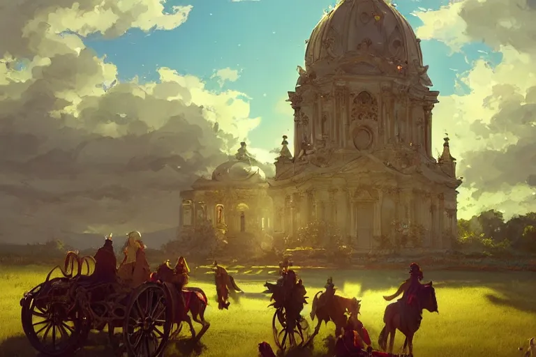 Image similar to an mobile ornate baroque church on chain wheels, scene in an open field. key visual, conceptart, ambient lighting, highly detailed, digital painting, artstation, concept art, sharp focus, by makoto shinkai and akihiko yoshida and greg manchess