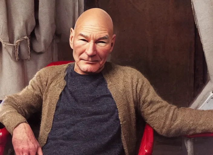 Prompt: patrick stewart sitting in a big bowl of beef stew