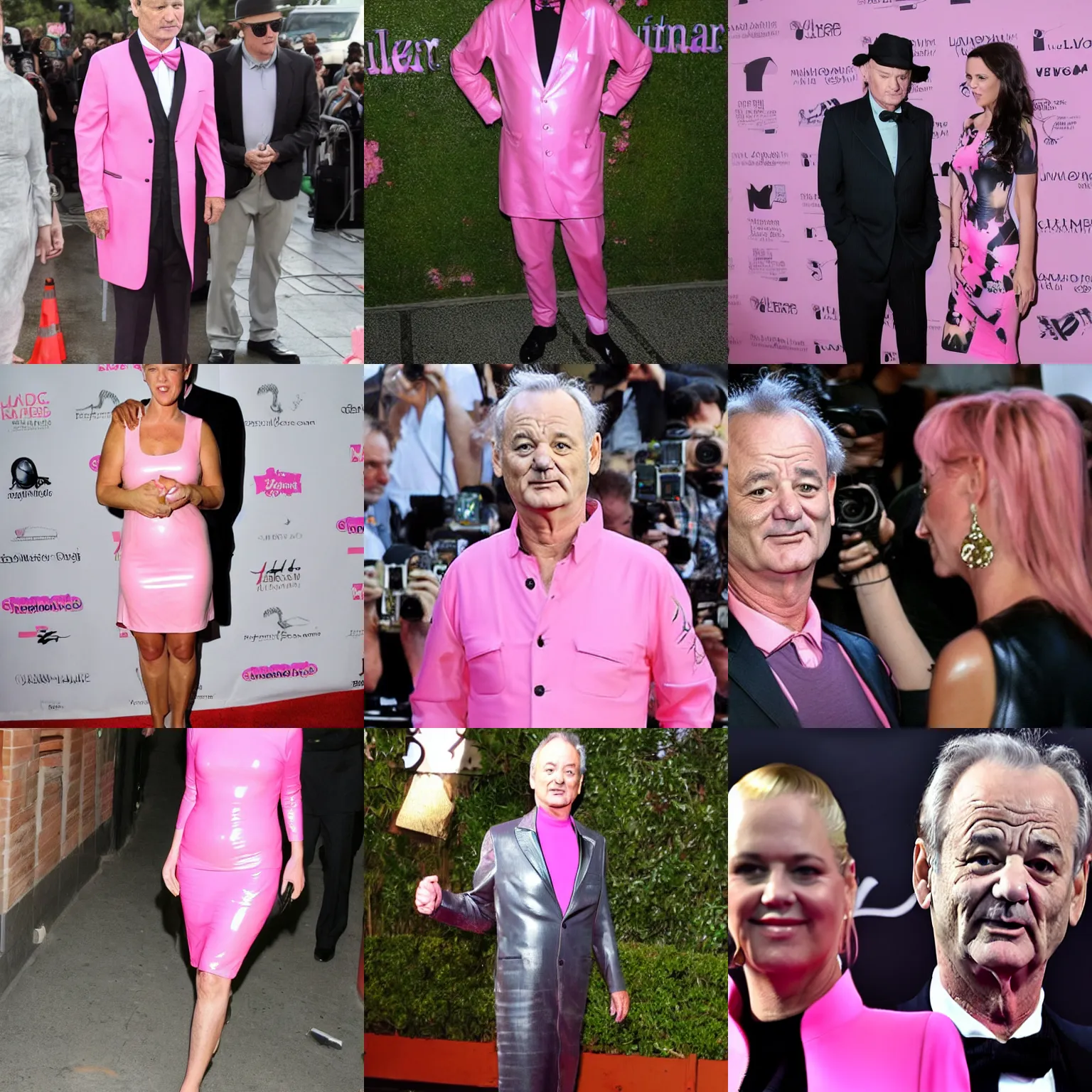 Prompt: bill murray wearing a full body pink latex dress