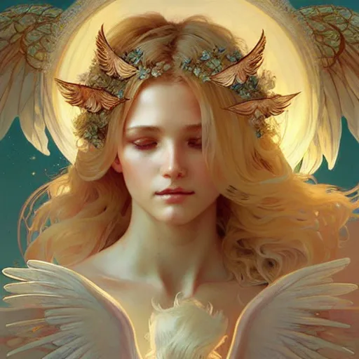 Image similar to An angelic girl with blonde hair, glowing halo, huge highly detailed wings, surrounded by foxes, fantasy, intricate, elegant, highly detailed, digital painting, artstation, concept art, smooth, sharp focus, illustration, art by Krenz Cushart and Artem Demura and alphonse mucha