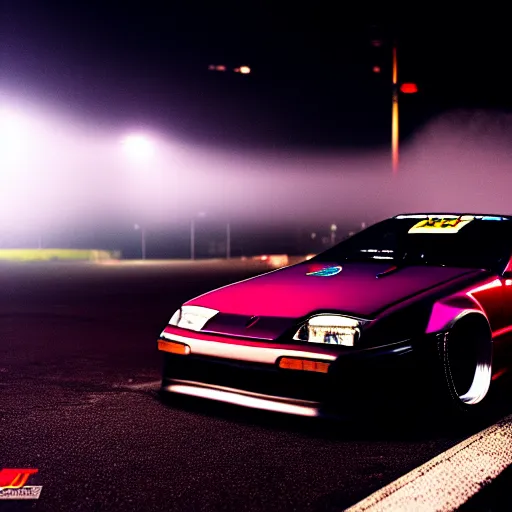 Prompt: a car 300ZX turbo drift at illegal car meet, Chiba prefecture, city midnight mist lights, cinematic lighting, photorealistic, highly detailed wheels