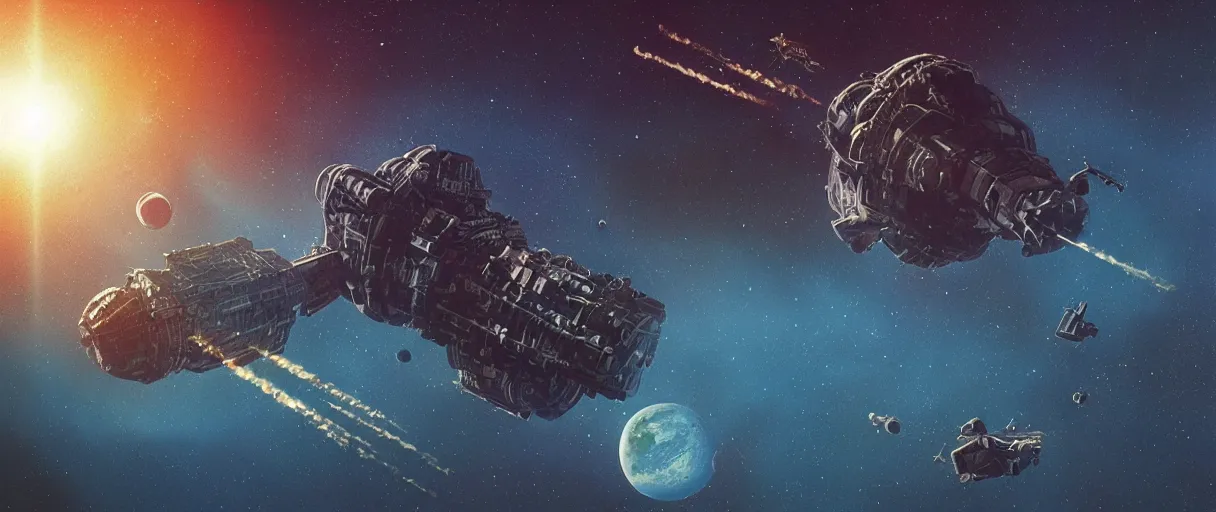 Image similar to tiny spaceship!!, deep space exploration!!!, flying, the expanse tv series, industrial design, the final frontier, illustrative!!, punk, space pirate, painterly, hyperdetailed, hyperrealistic, utilitarian cargo ship, underexposed, cinematic lighting, 4k, wide angle, beksinski