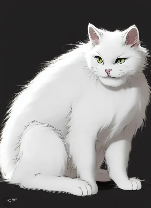 Image similar to fluffy white cat, natural lighting, path traced, highly detailed, high quality, cartoon, digital painting, by don bluth and ross tran and studio ghibli and alphonse mucha