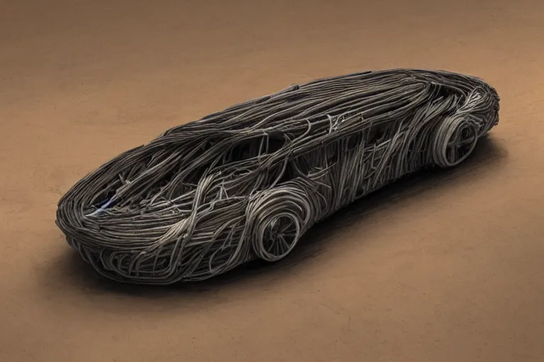 Image similar to car made of spaghetti, concept art, HD luxury render, 4k, train tracks