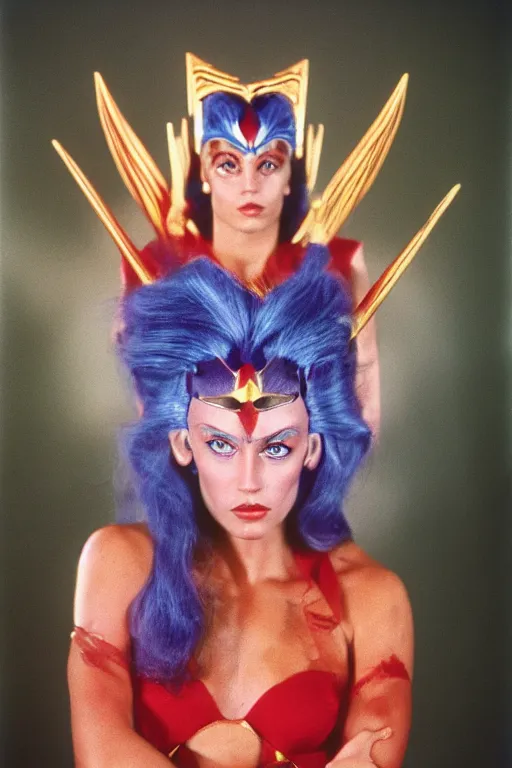 Image similar to she - ra, portrait, full body, symmetrical features, color photo, 1 9 8 5 photograph, kodachrome, aged paper, sergio leone, master prime lenses, cinematic