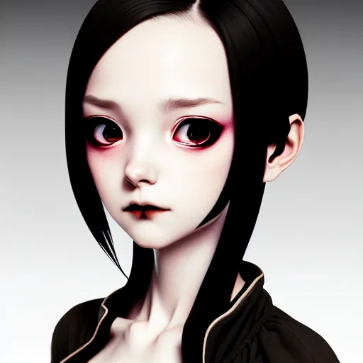 Image similar to a beautiful slim shy goth girl hates you, art by ilya kuvshinov and lois van baarle and ross tran and range murata and artgerm and andy warhol, norman rockwell, digital art, highly detailed, profile picture, intricate, sharp focus, mystical trending on artstation hq, deviantart, pinterest, unreal engine 5, 4 k uhd image