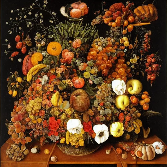 Image similar to thanksgiving supper, flowers and fruit on a wooden table, black background!, still life by giuseppe arcimboldo, vanitas!!, pinterest, maximalist, intricate high detail masterpiece