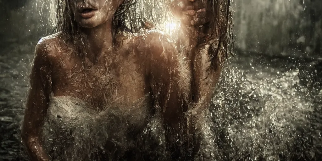 Prompt: sweaty wet skin, rebirth symbolism, wide angle, cinematic atmosphere, elaborate, highly detailed, dramatic lighting