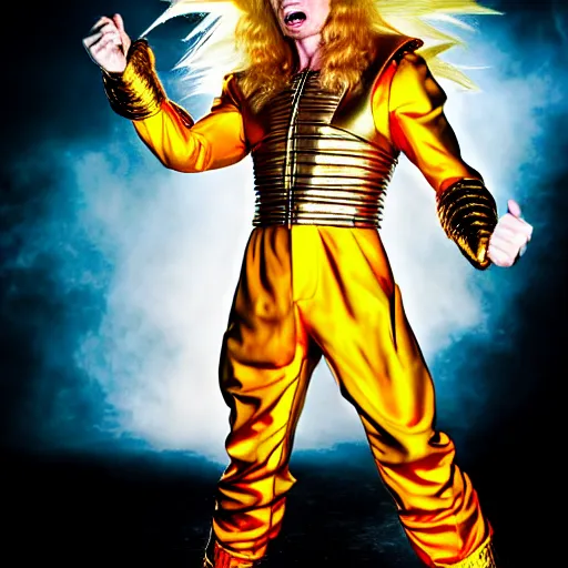 Image similar to uhd candid photo of hyperdetailed dave mustaine as a super saiyan. correct face, intricate costume, cinematic lighting, photo by annie leibowitz, and steve mccurry.